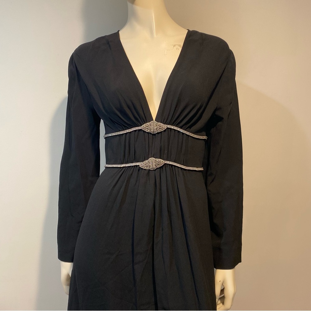 Gucci Long-sleeve Jersey V-neck Gown With Crystal Embroidered Waist Black S NWT